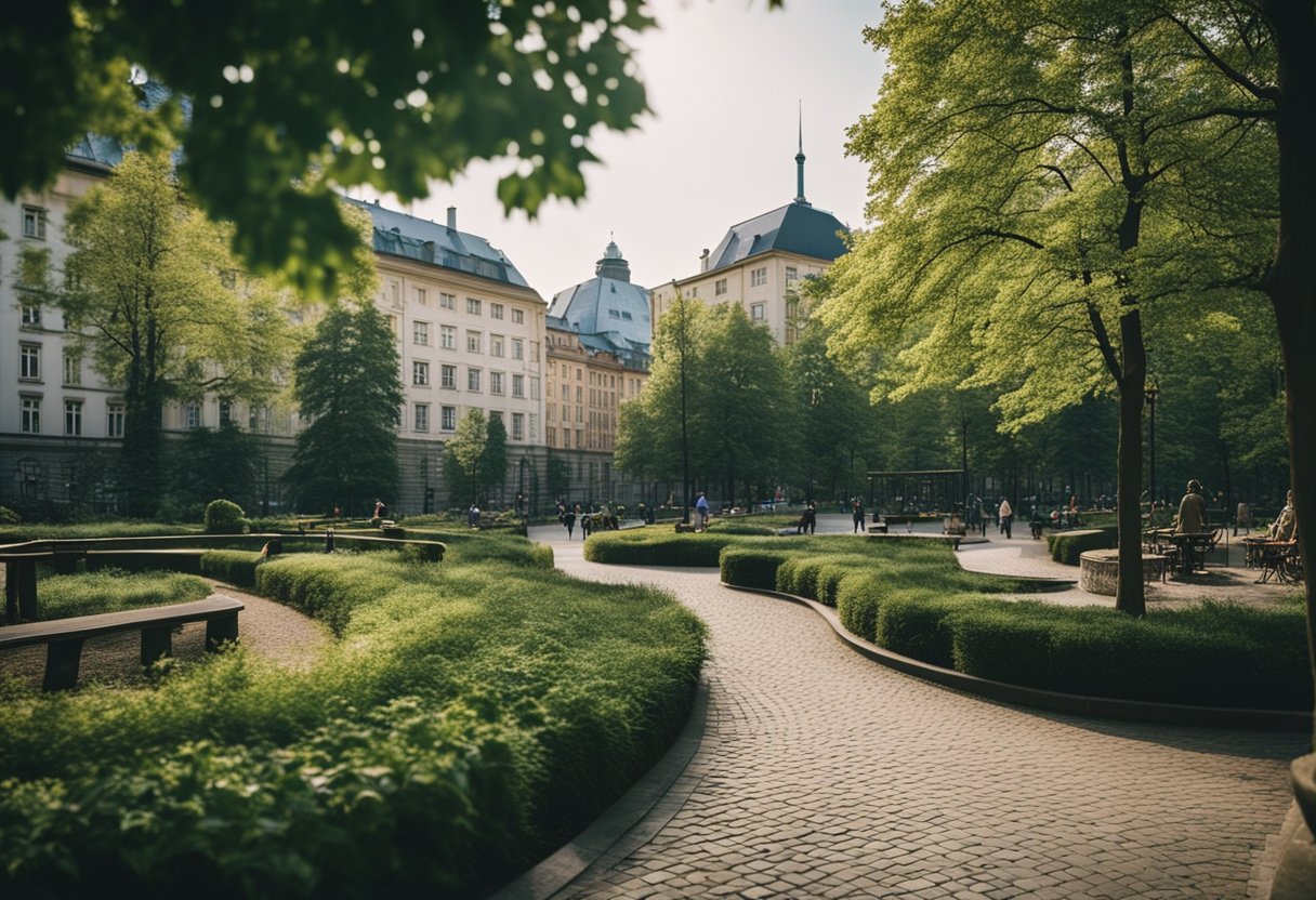 Lush green parks with winding paths and vibrant playgrounds, nestled among historic architecture in Berlin, Germany