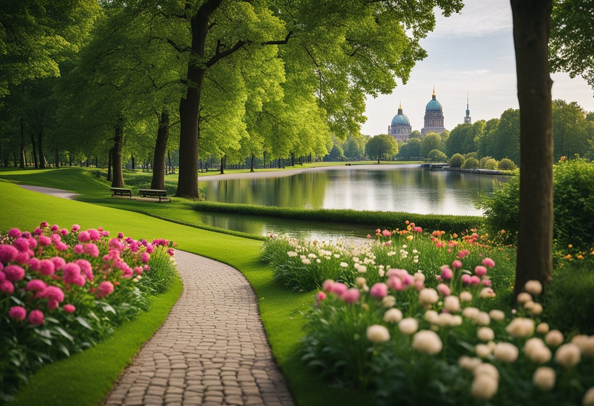Üppiger grüner Park mit leuchtenden Blumen, gewundenen Wegen und einem ruhigen See in Berlin, Deutschland. Die ikonische Skyline der Stadt im Hintergrund