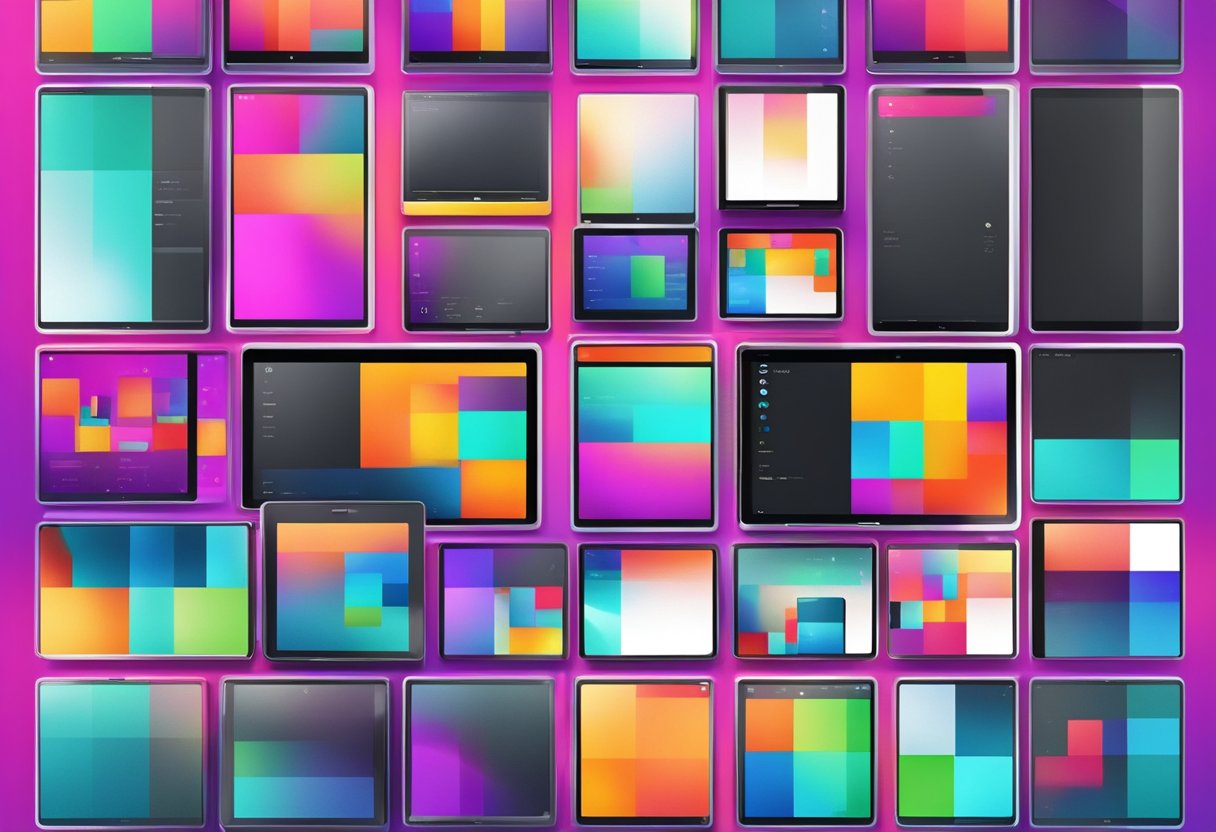 Ten LCD touch screens arranged in a neat row, each displaying vibrant colors and sharp images. The screens are sleek and modern, with minimal bezels and a glossy finish