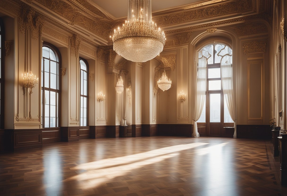 A grand ballroom with intricate parquet flooring, bathed in warm natural light, exuding an air of timeless elegance