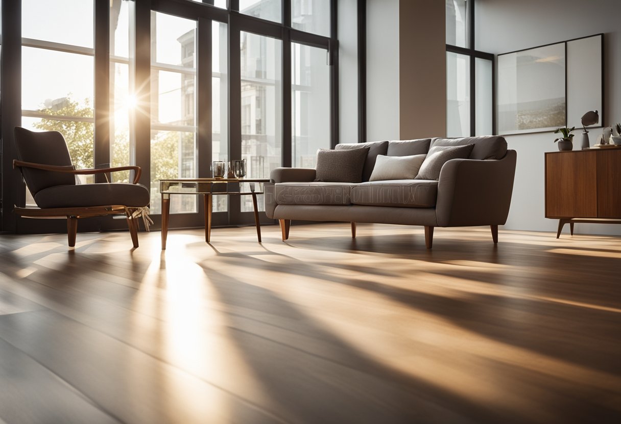 A spacious, sunlit room with gleaming hardwood floors, adorned with elegant furniture and minimalistic decor. Sunlight streams through large windows, casting warm, inviting shadows on the polished surface