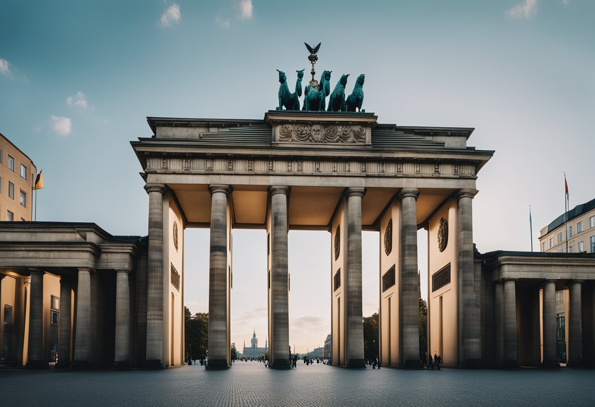 The iconic Brandenburg Gate stands tall against a backdrop of modern and historic architecture in Berlin, Germany