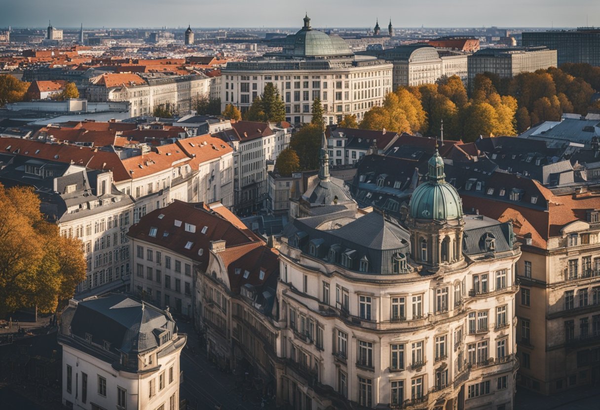 Die Szene zeigt die historische Berliner Architektur mit Kopfsteinpflasterstraßen und alten Gebäuden. Eine Mischung aus barocken und modernen Gebäuden prägt die Skyline