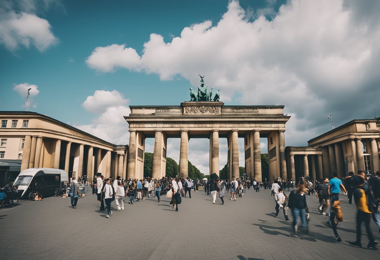 Busy Berlin streets with colorful graffiti-covered buildings, bustling outdoor markets, and iconic landmarks like the Brandenburg Gate and Berlin Wall