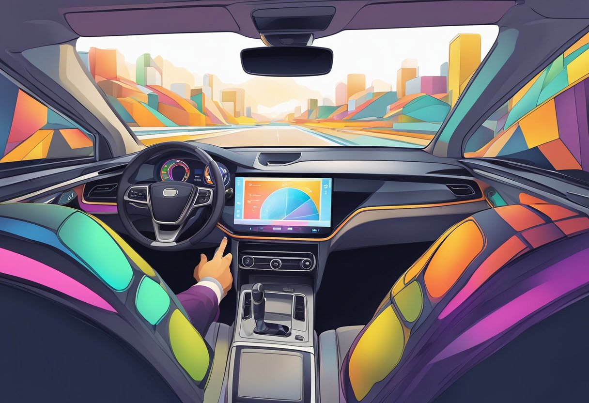 A hand reaches for a sleek LCD touch screen in a car dashboard, displaying vibrant colors and responsive touch capabilities