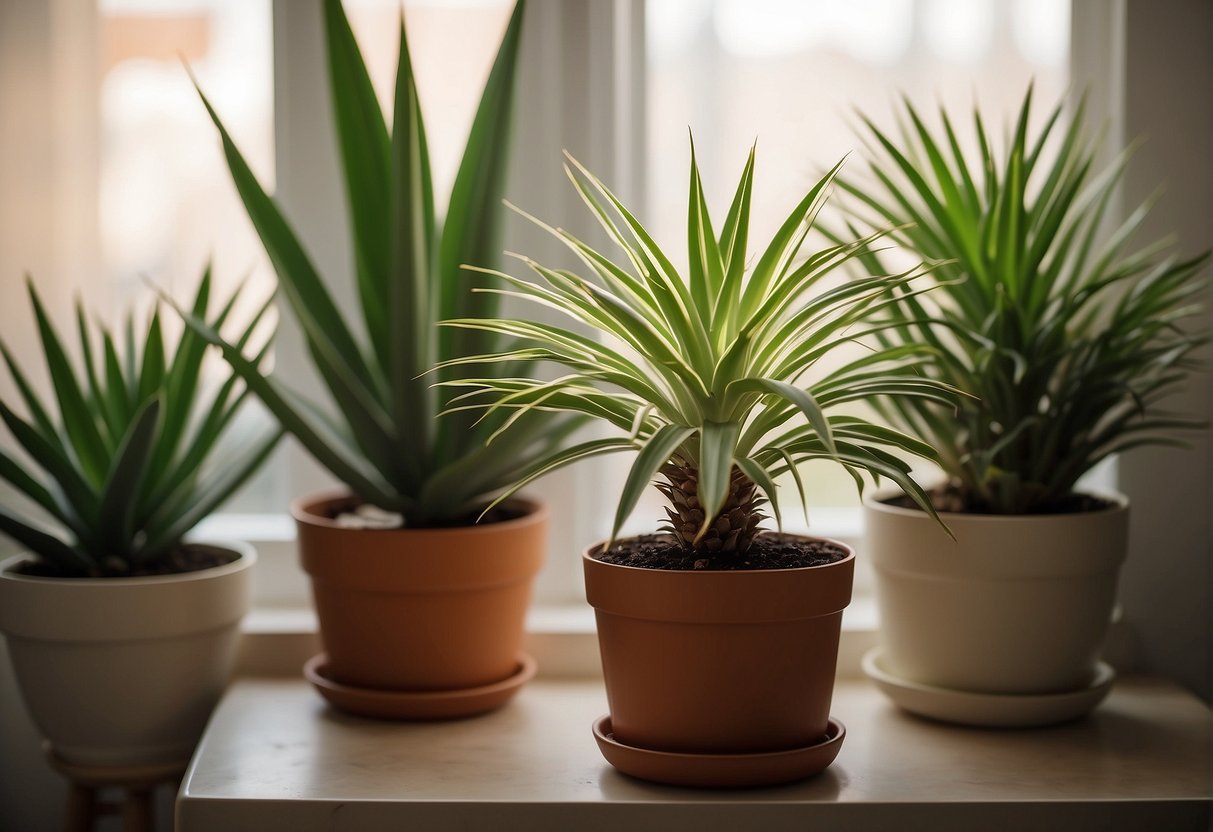 A yucca plant sits in a well-lit room, surrounded by other plants. It is placed near a window, receiving ample sunlight. The soil is well-drained and the plant is regularly watered