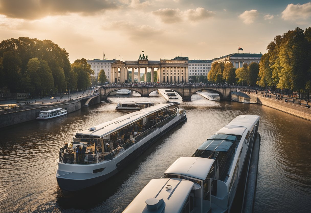 The Brandenburg Gate stands tall, surrounded by bustling streets and historic buildings. A river flows nearby, with boats and bridges adding to the picturesque scene