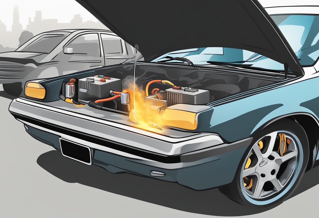 Sparks fly as jumper cables are connected incorrectly, causing a car battery to smoke.

The risk of reversing jumper cables is evident