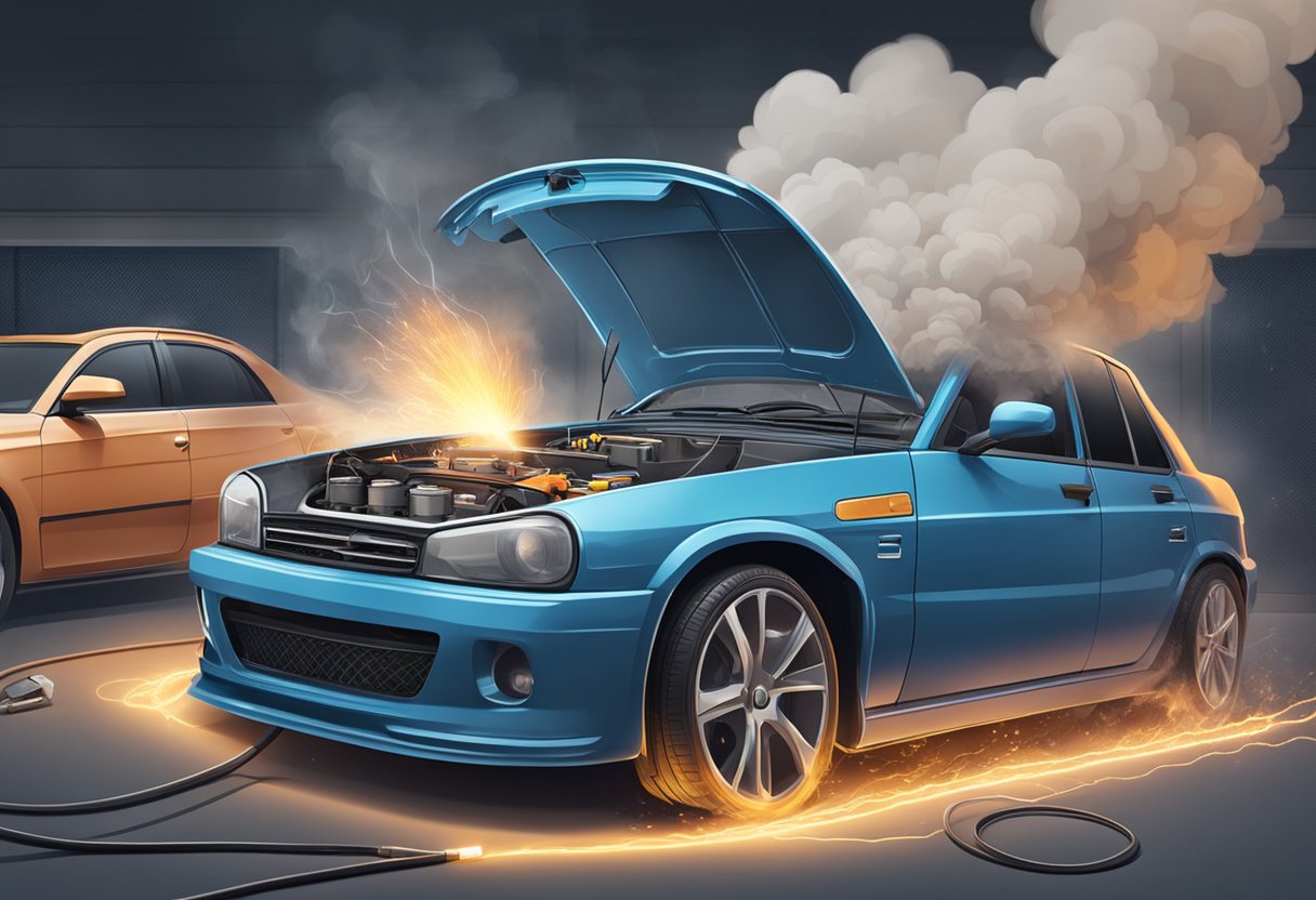 A car battery sparks and smokes as the jumper cables are connected in reverse, causing potential damage to the vehicle's electrical system