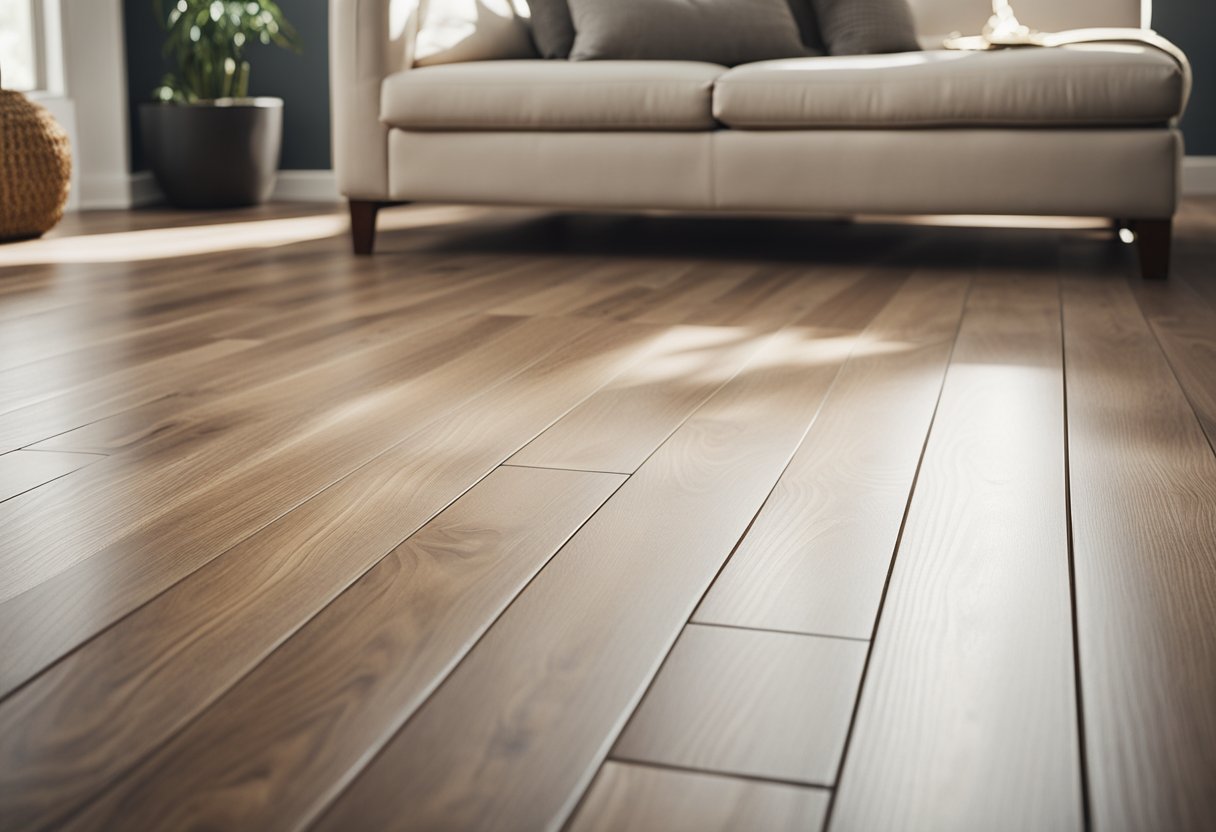 A modern living room with sleek, wood-look Luxury Vinyl Planks. Sunlight streams in, highlighting the durability and style of the flooring