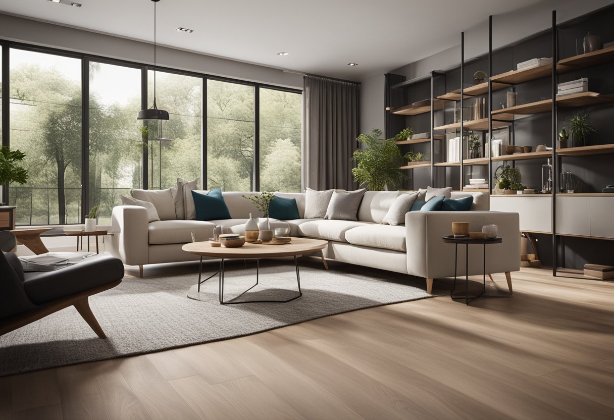 A living room with modern furniture and large windows. Luxury vinyl planks in a natural wood finish cover the floor, adding a touch of elegance and durability to the space