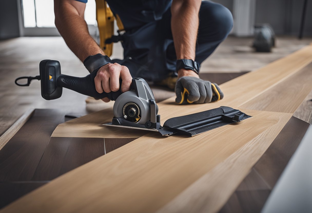 A worker installs luxury vinyl planks, tools and materials scattered around. The finished floor showcases the style and durability of the product