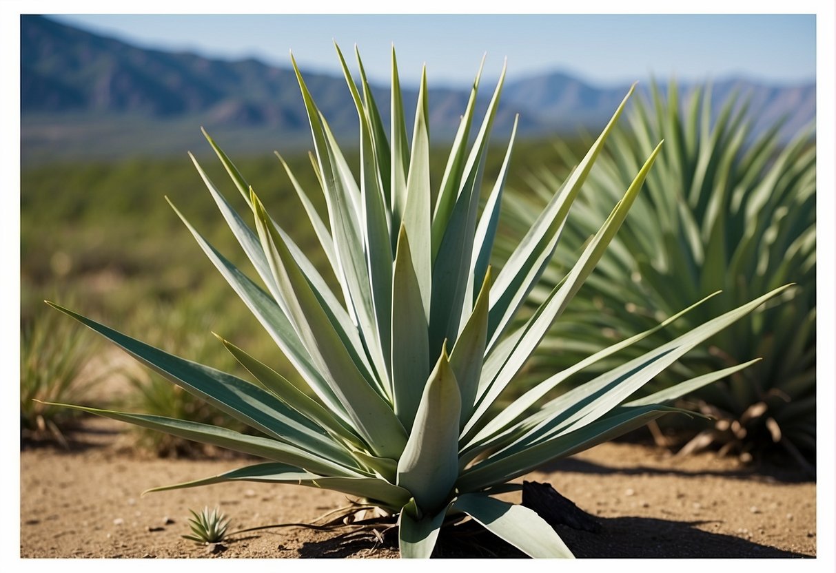 A yucca plant stands tall, surrounded by other greenery. Its long, sword-shaped leaves reach towards the sky, but there are no flowers in sight