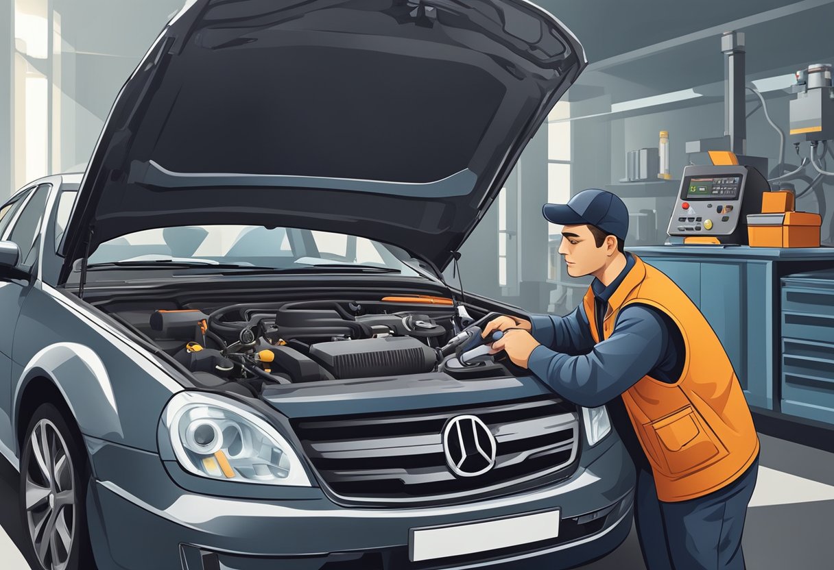 A mechanic diagnosing a car's emission system with diagnostic tools and expertise