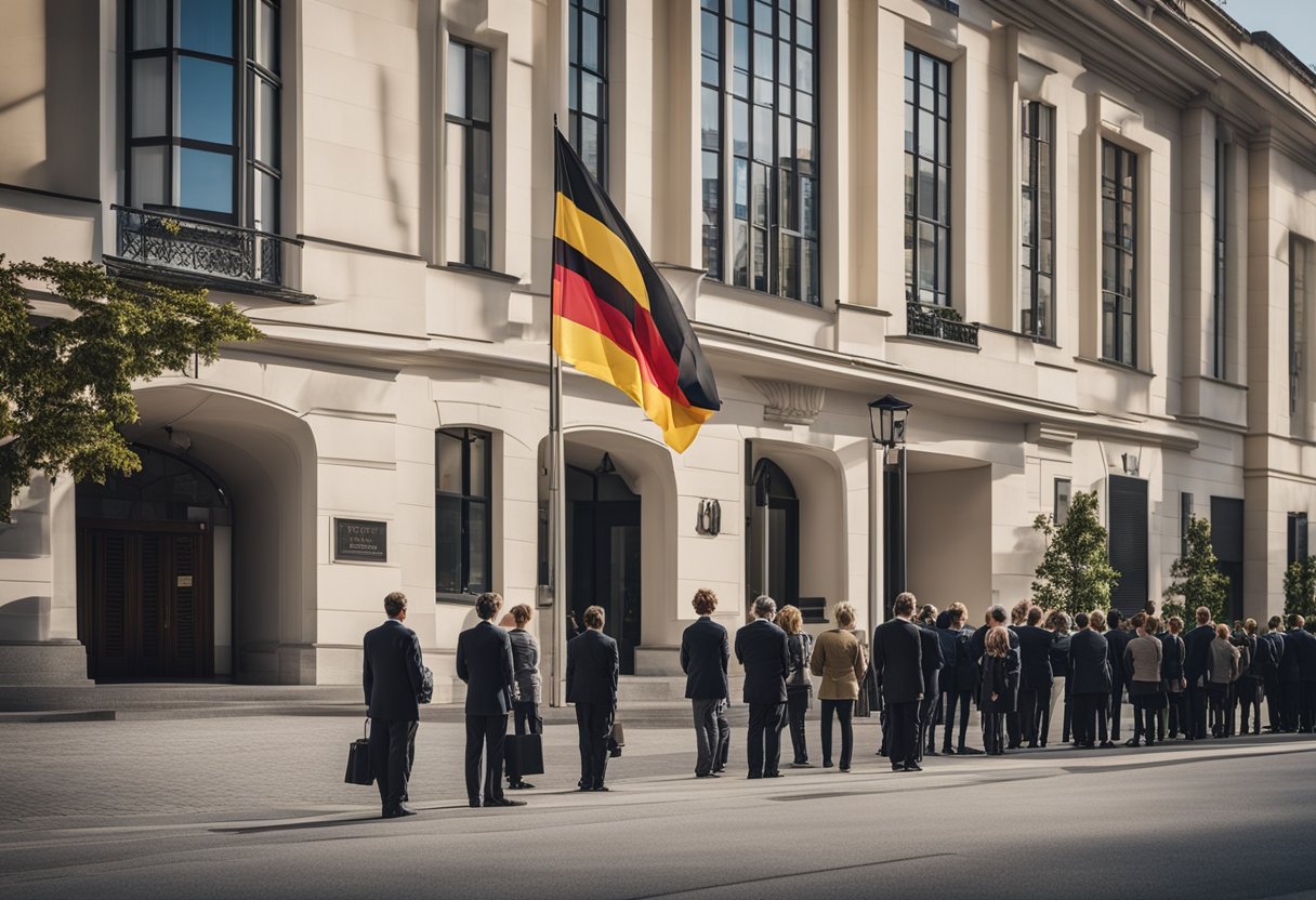 Das deutsche Konsulat steht hoch aufragend mit einer Flagge, die stolz im Wind weht. Vor dem Konsulat steht eine Schlange von Menschen, die bestimmte Dienstleistungen des Konsulats in Anspruch nehmen wollen
