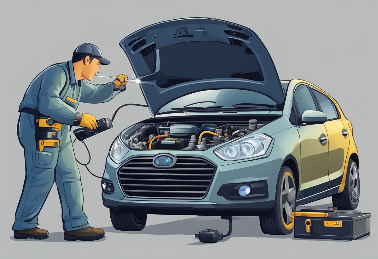 A mechanic using diagnostic tools to troubleshoot a car's emission control system, focusing on the P0449 code