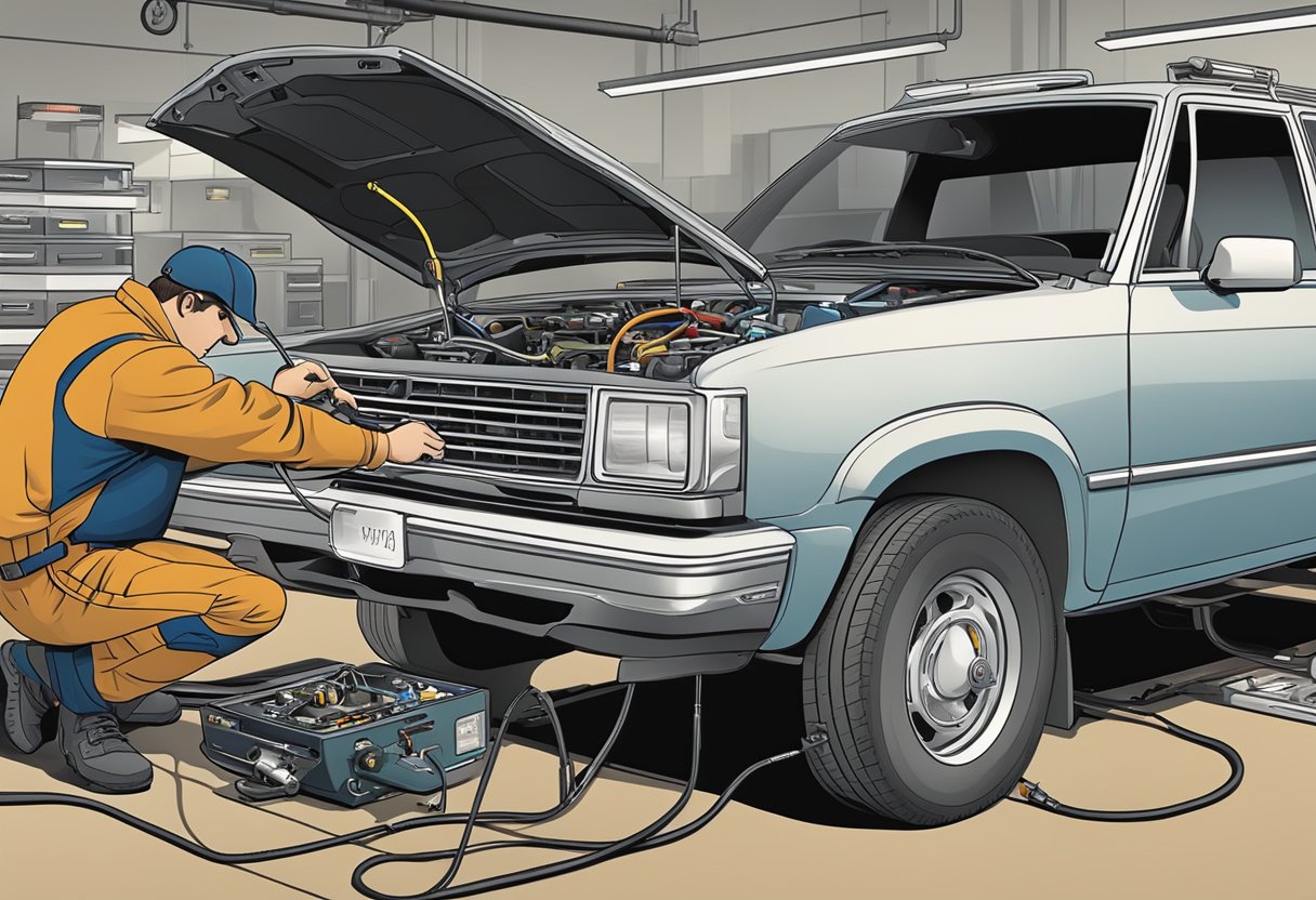 A mechanic using diagnostic tools to troubleshoot a car's emission system for the P0449 code