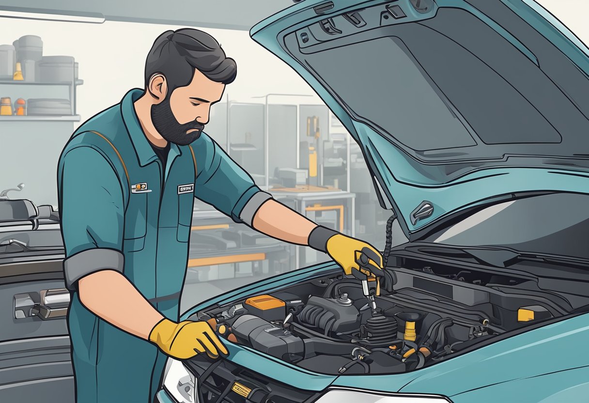 A mechanic using diagnostic tools to fix a car's emission system, with a focus on the P0449 code
