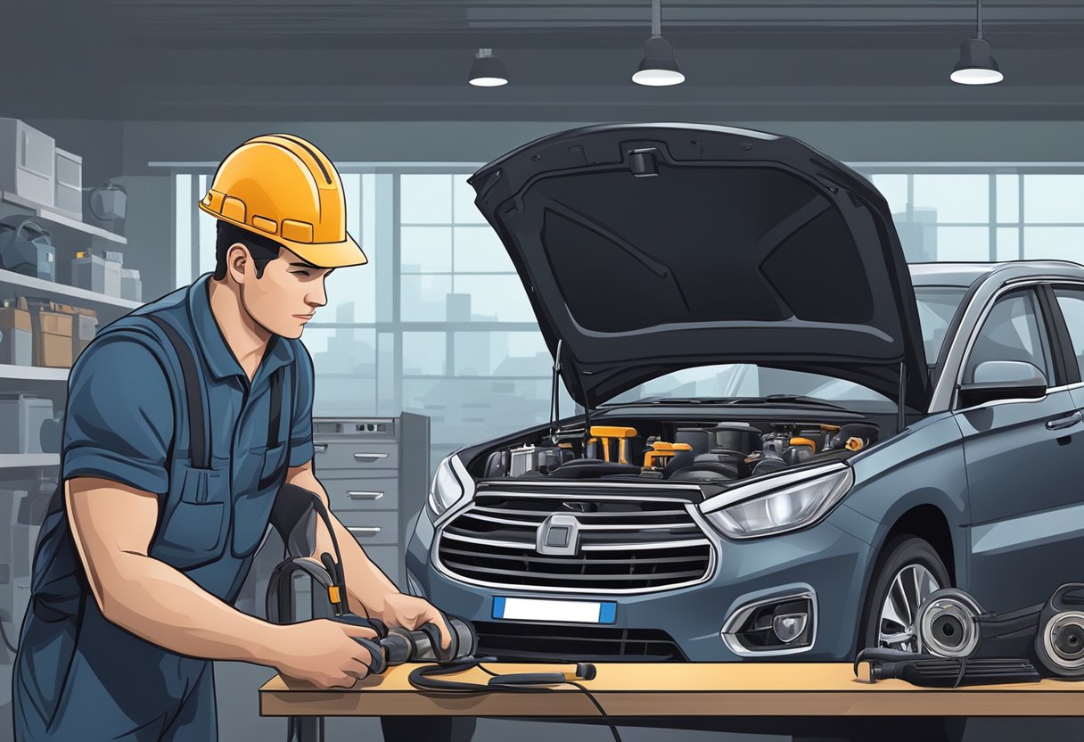 A mechanic diagnosing a car's engine with diagnostic tools and equipment