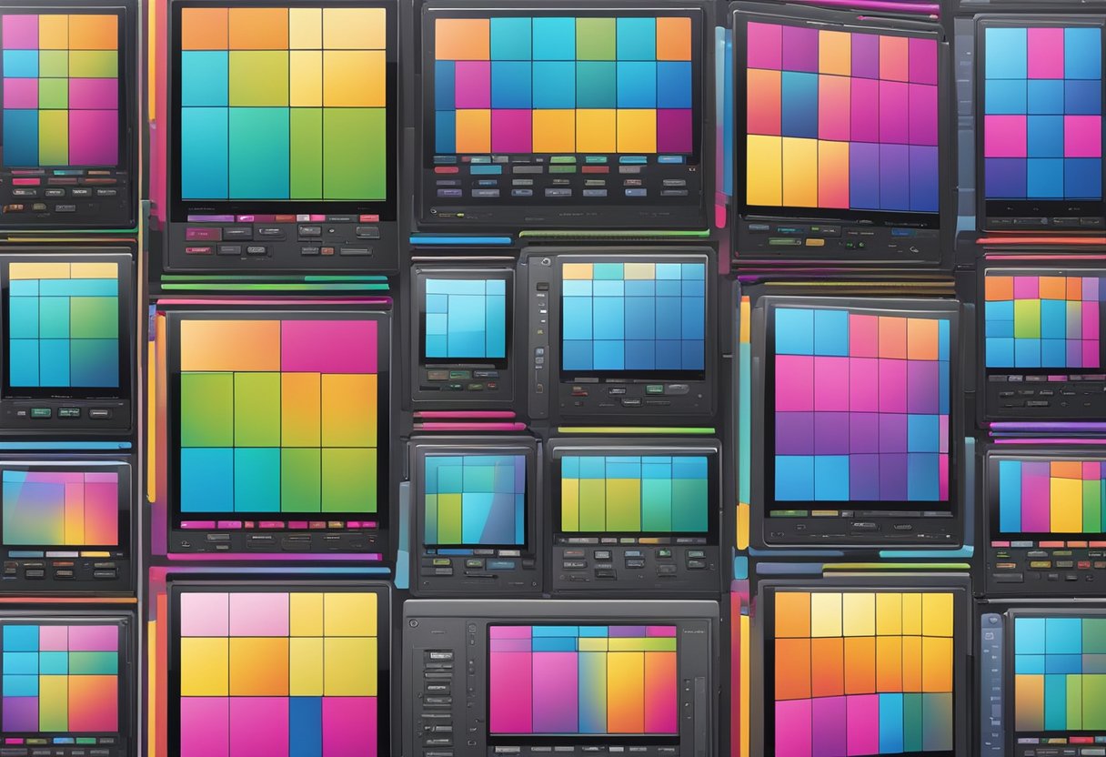 An array of 8" LCD touch screens arranged in a grid, displaying vibrant colors and responsive to touch input