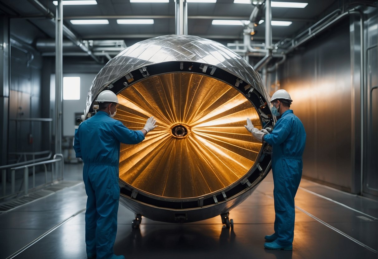 A spacecraft heat shield is being tested in a high-temperature chamber, with engineers monitoring its performance