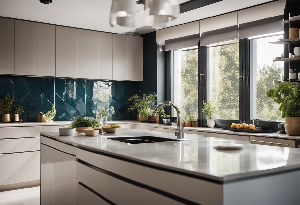 A modern, sleek kitchen with ceramic tiles in various shades and patterns. Light floods in through large windows, illuminating the glossy surfaces