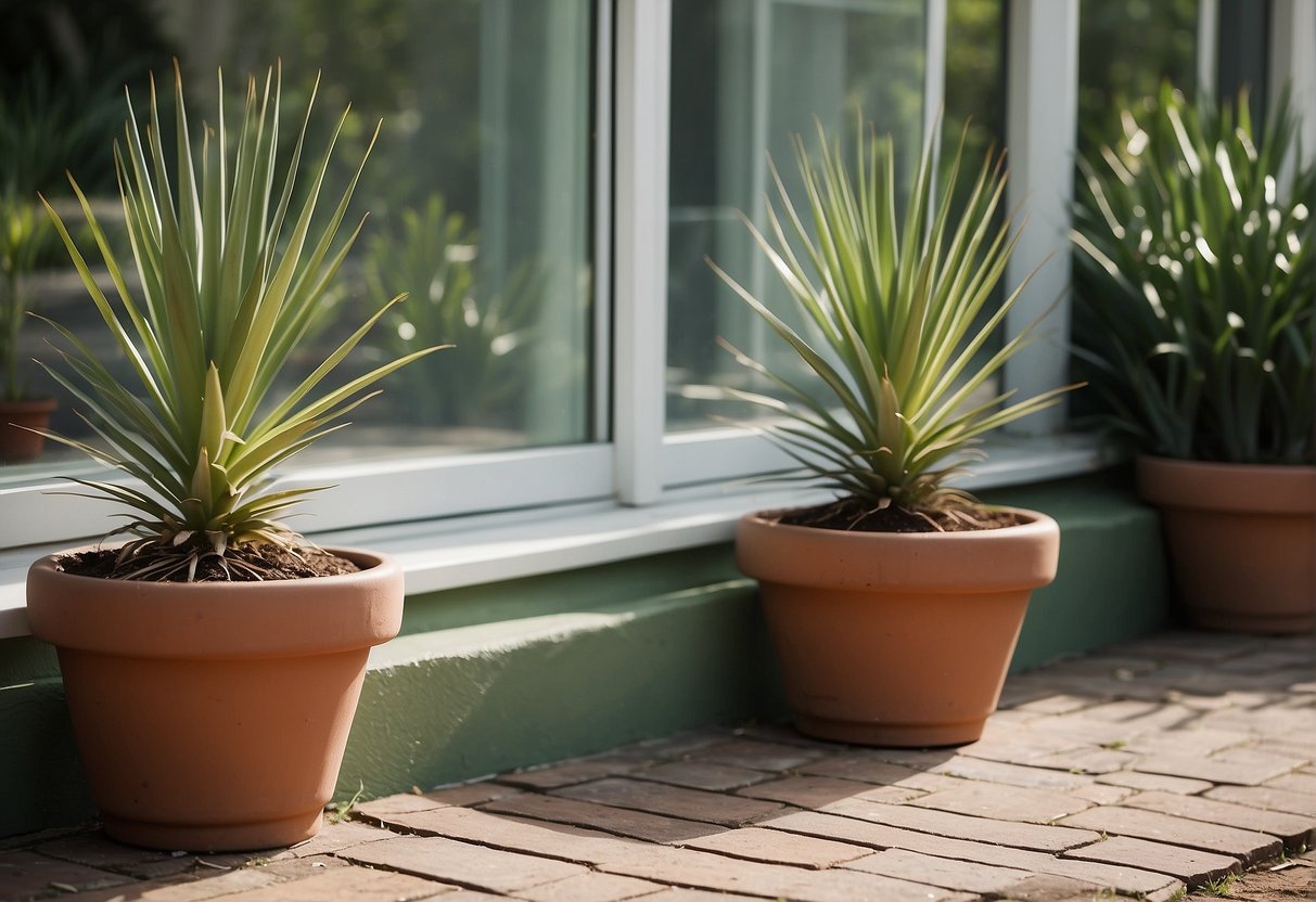 Three yucca soapweed plants surround a small fountain in a window front garden, creating a serene and minimalist landscape