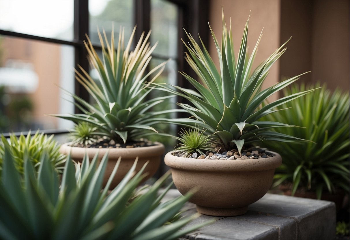 Three yucca soapweed plants arranged around a small fountain in a window front garden, with a landscape design focused on caring for the plants