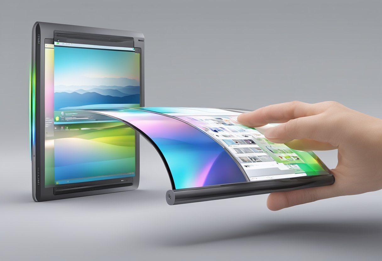 A flexible LCD touch screen displays various images and text, bending and twisting to demonstrate its versatility