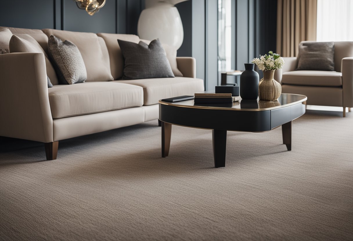 A luxurious, soft carpet in a modern, stylish room with sleek furniture and elegant decor. Rich textures and muted tones create a sophisticated ambiance