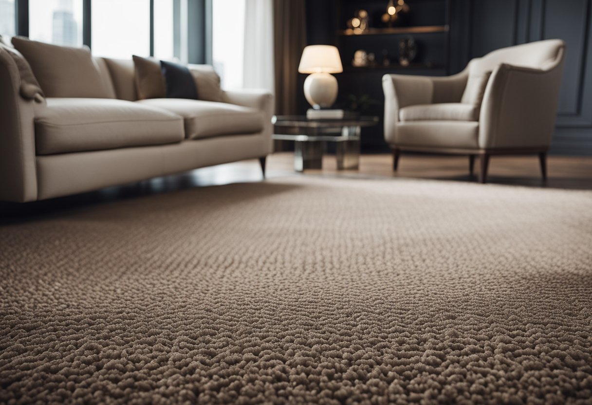 A luxurious, plush carpet evolves into a chic, stylish design. Rich textures and elegant patterns showcase the evolution of Carpet Couture