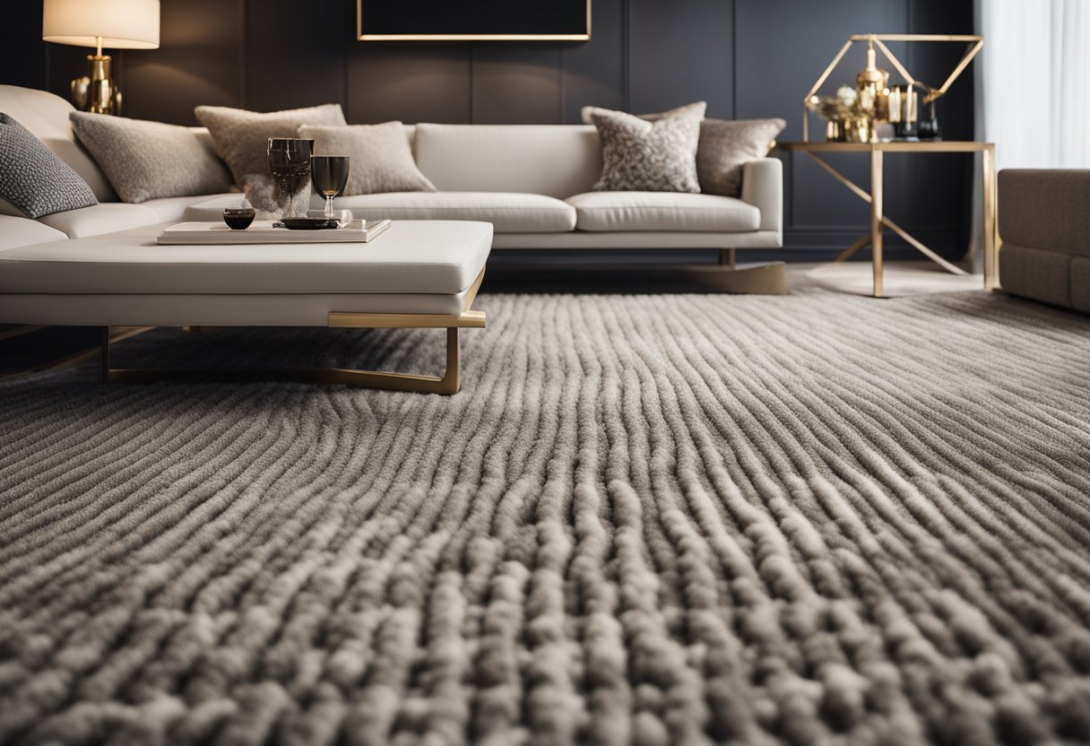 A luxurious, plush carpet in a modern, chic setting with clean lines and elegant furnishings. Rich textures and bold patterns create a sophisticated ambiance