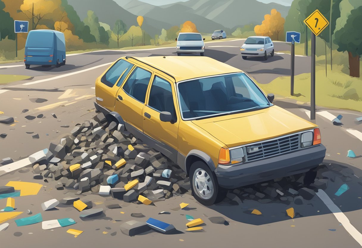 A car with a nail in its tire drives down a road, surrounded by potential hazards like potholes, debris, and other vehicles