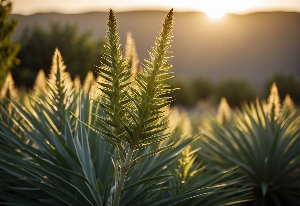 A yucca plant stands tall in a South Dakota garden, its long, sword-shaped leaves reaching towards the sky. The sun casts a warm glow on the spiky green leaves, creating a sense of tranquility and natural beauty