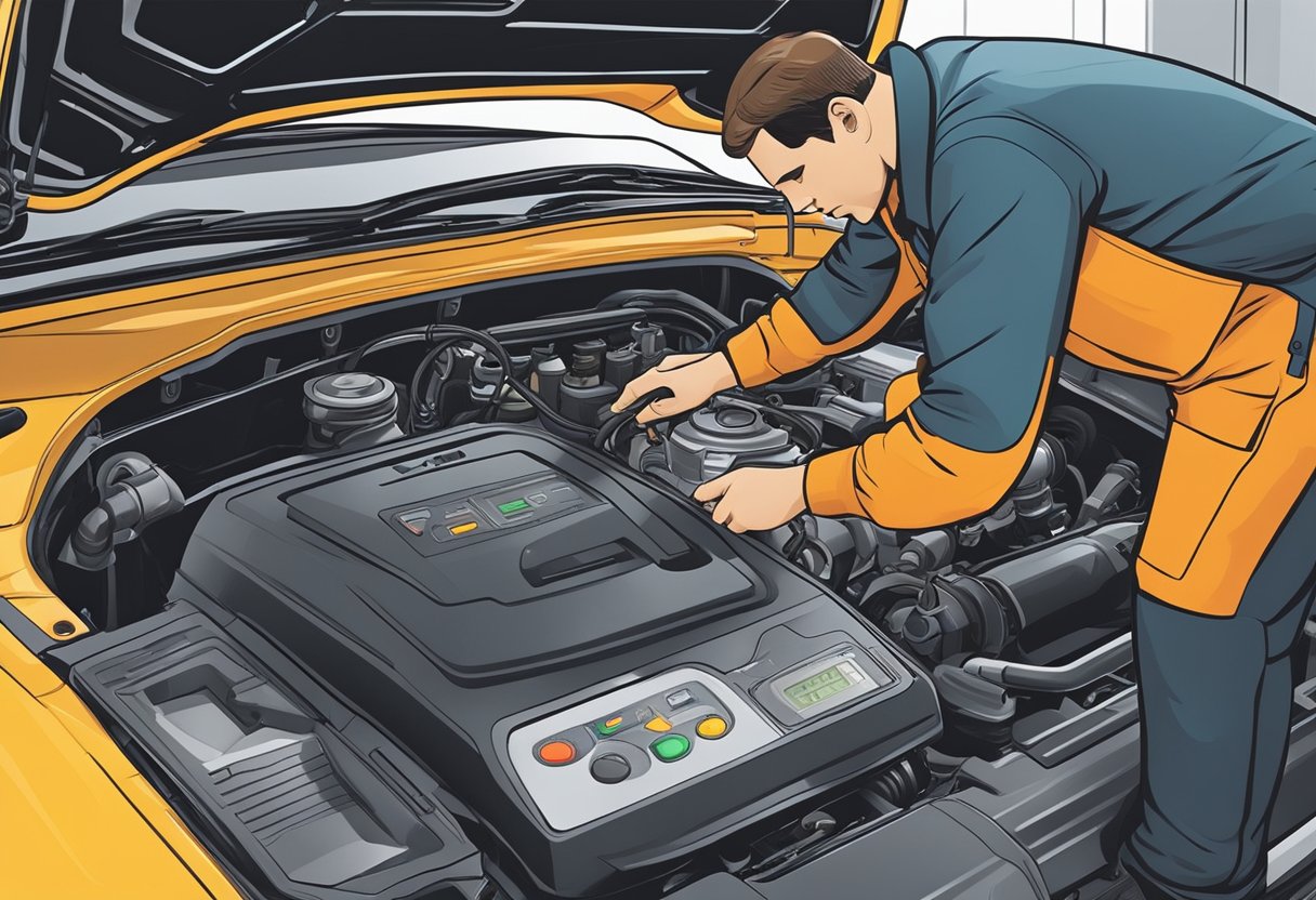 A mechanic examines a car engine with a diagnostic tool, focused on the knock sensor area.

The tool displays the P0330 code for troubleshooting