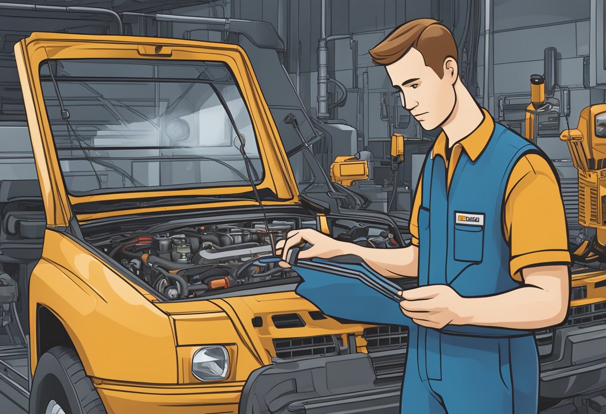 A mechanic holds a diagnostic tool near the engine.

A "Knock Sensor Alert" message appears on the screen.

The mechanic looks focused and determined to address the P0330 code for optimal performance
