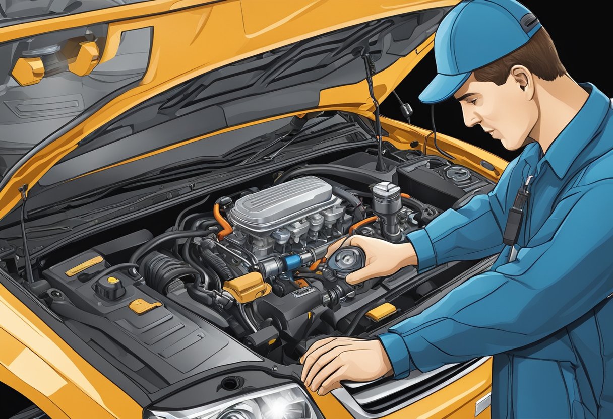 A car engine with a visible knock sensor, surrounded by tools and diagnostic equipment, with a mechanic addressing the P0330 code