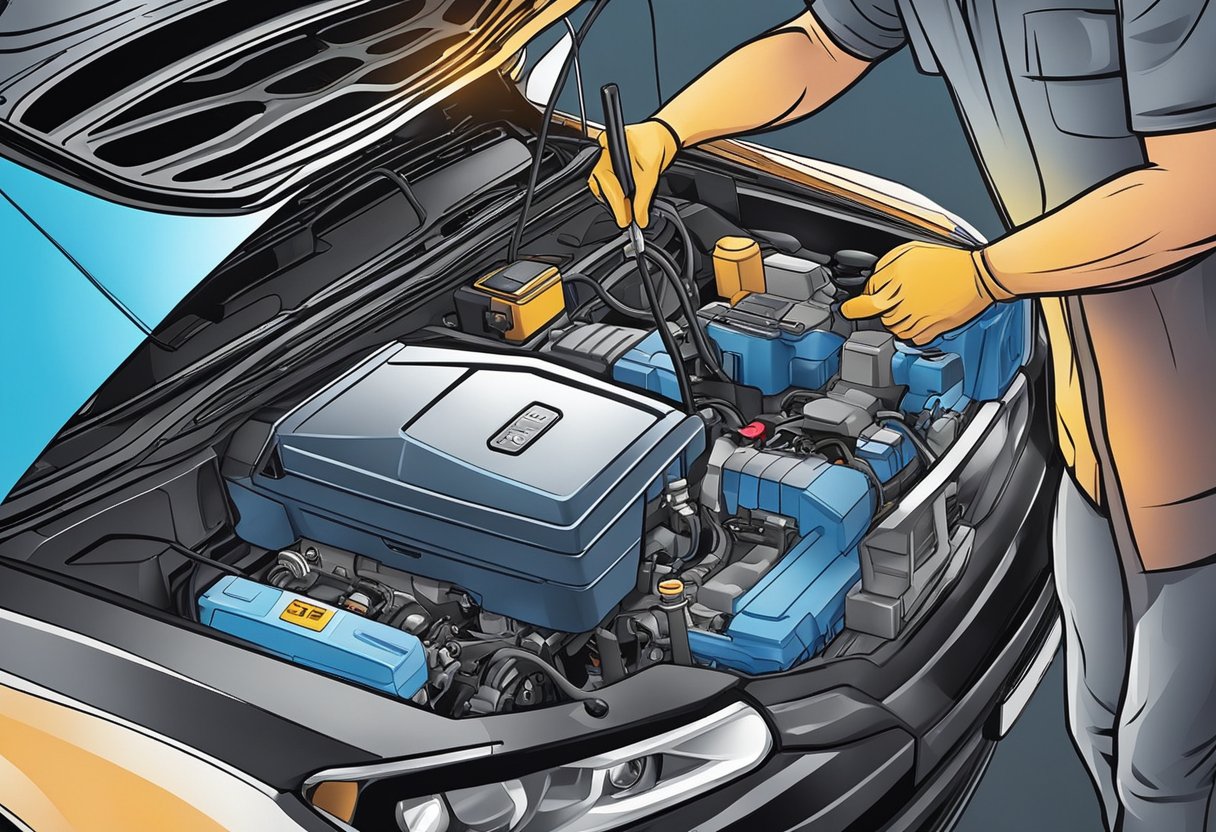A mechanic connects a diagnostic scanner to a car's OBD-II port, while checking the coolant temperature sensor and wiring for any signs of damage or corrosion