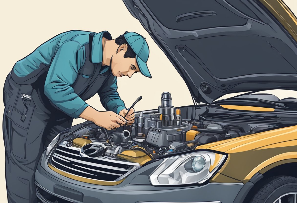 A mechanic examining a car engine with a diagnostic tool, focusing on the coolant temperature sensor.

Parts and tools scattered around