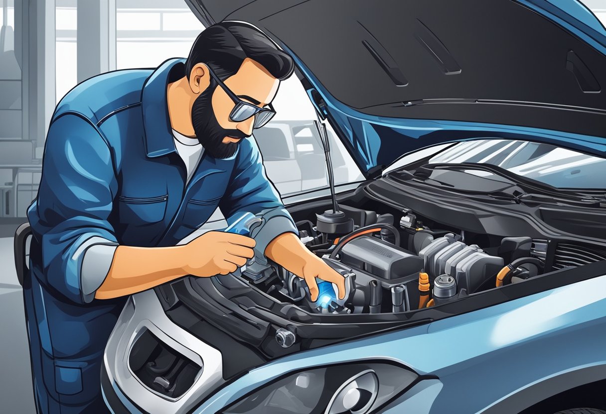 A mechanic checking coolant levels and inspecting temperature sensor on a car engine.

Tools and diagnostic equipment nearby