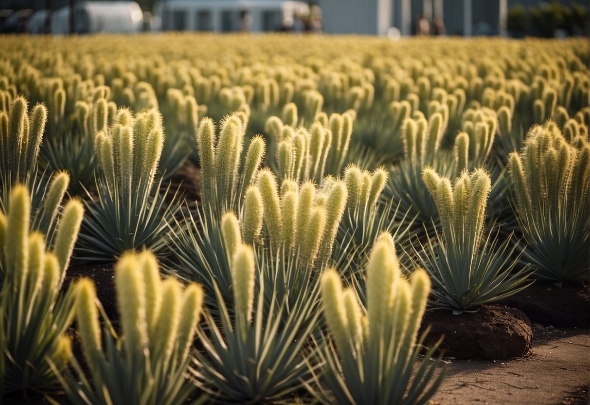 A garden center in South Jersey displays rows of vibrant rostrata yucca plants, with a variety of sizes and colors available for purchase