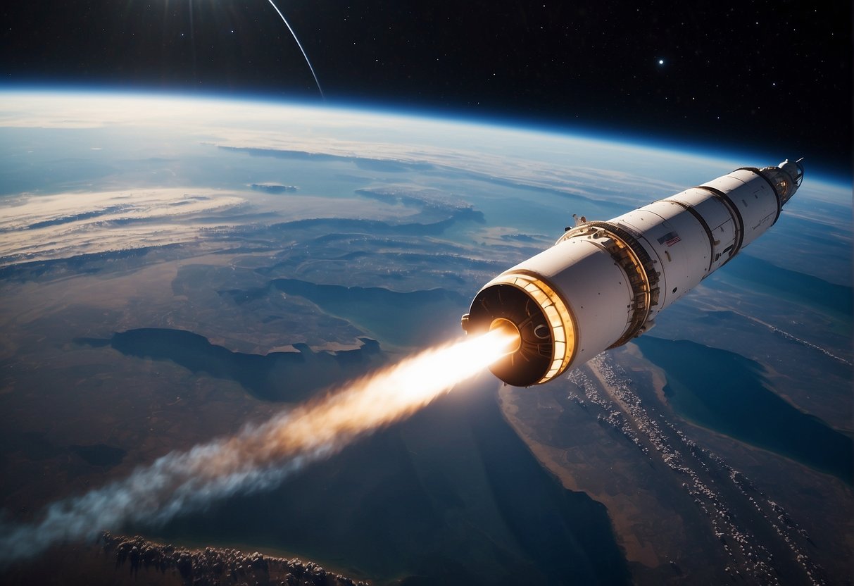 Reusable Rockets - A reusable rocket launches into space, leaving Earth's atmosphere behind. The vast expanse of space stretches out before it, with distant planets and stars twinkling in the distance