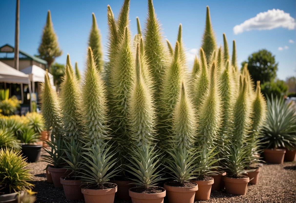 A sunny South Jersey garden center displays Yucca Rostrata plants for sale, with their iconic tall, blue-green spikes reaching towards the sky