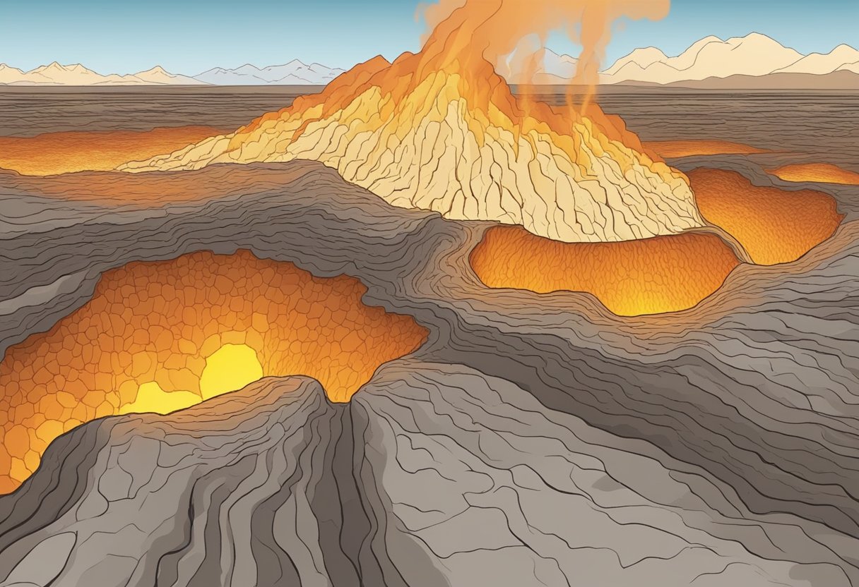 Molten magma cools to form igneous rock. Over time, weathering and pressure transform it into sedimentary rock. Heat and pressure then turn it into metamorphic rock