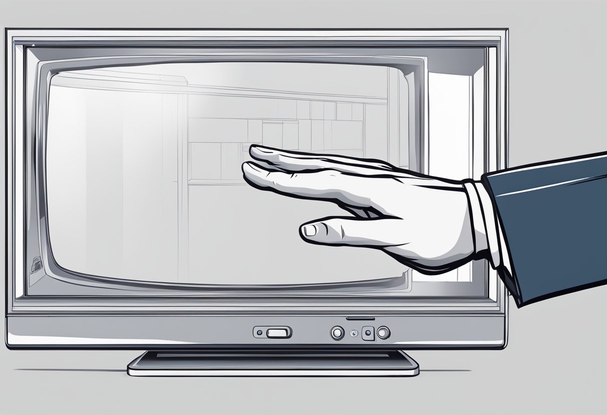A hand reaches out to touch the LCD TV screen, as if assessing its potential for transformation into a touch screen