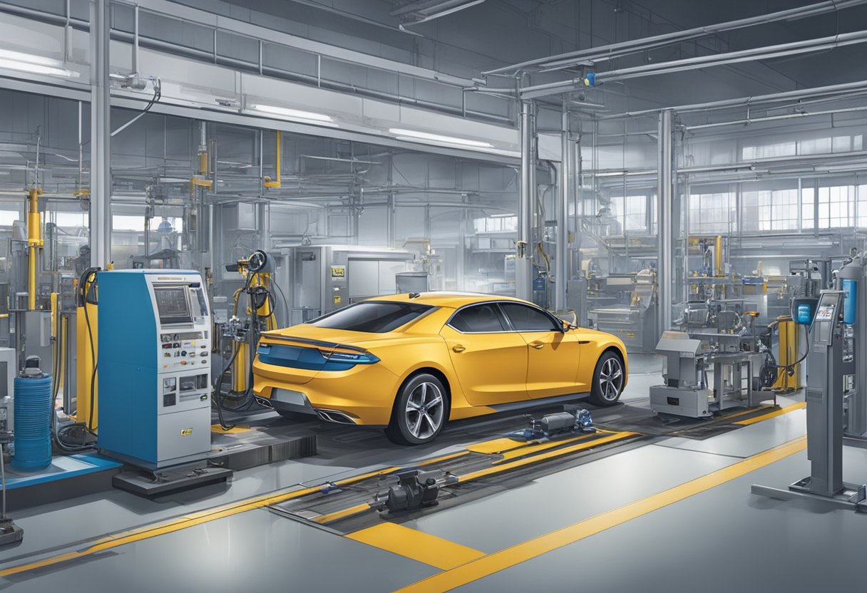A car sits inside a testing facility, surrounded by equipment and machinery.

The emissions test is in progress, with technicians monitoring the vehicle's exhaust and emissions output