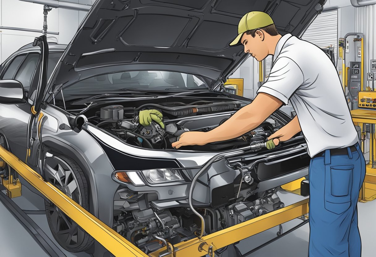 A diesel engine hooked up to emissions testing equipment, with a technician adjusting settings and monitoring readings for "Emissions Test Success" book cover