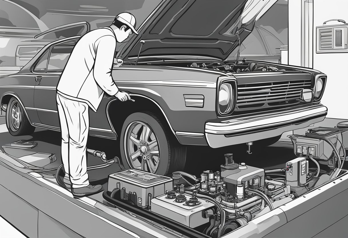 A smoking car battery emits fumes as a concerned individual inspects under the hood for potential issues