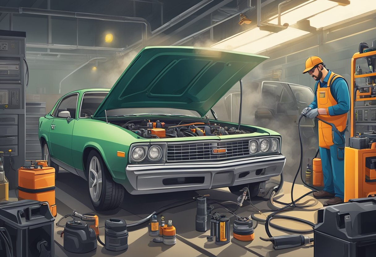 A smoking car battery emits fumes under the hood.

Tools and diagnostic equipment surround the mechanic as they work to uncover the source of the trouble