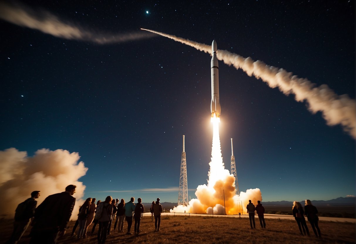 A reusable rocket launches into space, carrying tourists on a private space travel adventure. The Earth looms in the background as the rocket propels towards the stars